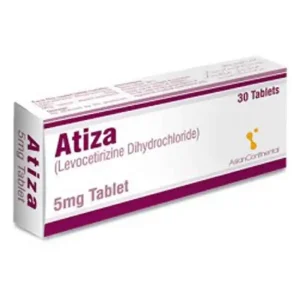 A blister pack of Atiza tablets with text detailing its uses, side effects, dosage, and price.
