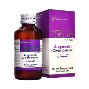 A bottle of Augmentin DS syrup with accompanying text describing its uses, formula, benefits, side effects, and price.