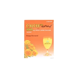 A bottle of Calcee 1000mg tablets with accompanying text describing its uses, benefits, side effects, and price.