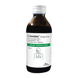 A bottle of Cosome-E syrup with accompanying text detailing its uses, ingredients, dosage, and side effects.