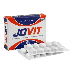 A blister pack of Jovit tablets with accompanying text describing its uses, benefits, side effects, and price.