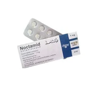A blister pack of Noctamid tablets with Urdu script, accompanied by text describing its uses, benefits, side effects, and price.