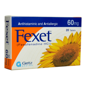 Fexet Tablet 60mg pack with the main ingredient fexofenadine, an antihistamine for treating allergies and hives.