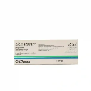 A vial of Liometacen injection with accompanying text describing its formula, uses, dosage, and price.