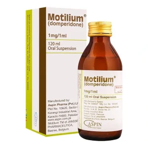 A bottle of Motilium syrup with a measuring spoon, indicating the medication name and dosage.