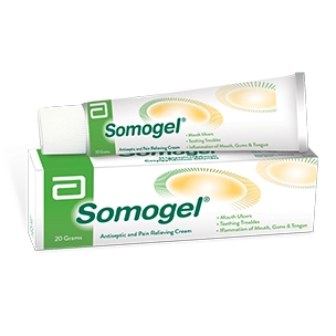 "Somogel: Relieves oral discomfort." Somogel tube on exhibit
