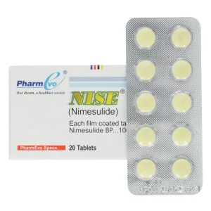 A pack of Nise tablets 100mg with text detailing its uses, side effects, Urdu information, and price.