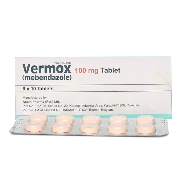 Image of Vermox Tablet 100mg with text overlay