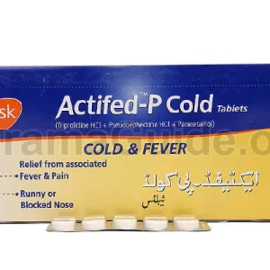 Blister pack of Actifed-P Cold Tablets with tablets arranged in compartments, against a white background.