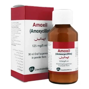 Illustration of a bottle of Amoxil Suspension 125mg against a backdrop of pediatric icons.