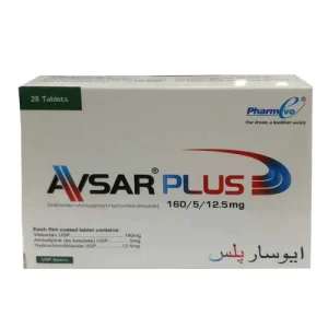 A pack of Avsar Plus Tablet with text detailing its uses, side effects, precautions, and price.