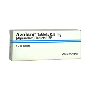 Blister pack of Azolam Tablets 0.5 Mg with text overlay detailing its uses, side effects, dosage, precautions, and price in Pakistan.