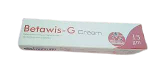 A tube of Betawis G Cream with text indicating its uses, formula, side effects, and price.