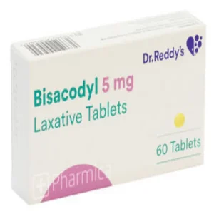 A blister pack of Bisacodyl tablets, with the product name and dosage visible.