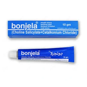 A tube of Bonjela Gel with text indicating its uses, side effects, ingredients, and price.