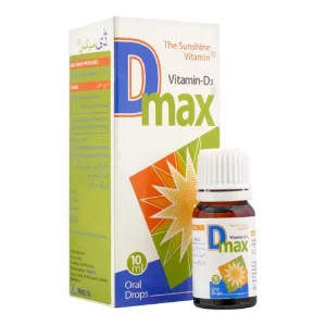Image showing a bottle of D Max Oral Drops with a dropper on a white background.