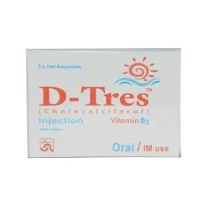 A vial of D Tres Injection 5mg with text indicating its uses, benefits, side effects, dosage, and price.
