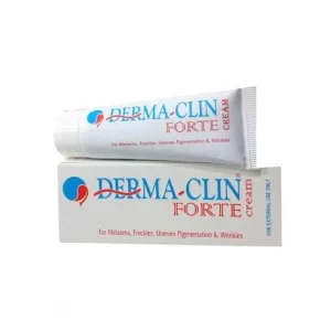 A tube of Derma Clin Forte Cream with a label displaying its uses and price.