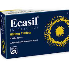 A pack of Ecasil Tablets 600 mg with text indicating its uses, side effects, dosage, and price.