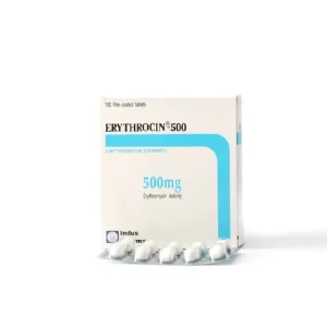 A blister pack of Erythrocin tablets displayed against a clean white background, symbolizing its medication for bacterial infections.