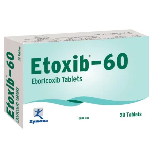 A blister pack of Etoxib 60mg tablets with text detailing its uses, formula, side effects, dosage, and price.