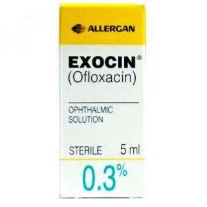 Bottle of Exocin Drops, an antibiotic eye medication, displaying uses, side effects, precautions, dosage, and price information.