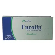 A pack of Furolin tablets with text indicating its uses, side effects, dosage, and price.