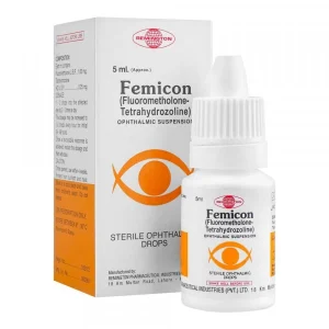 Bottle of Femicon Eye Drops by Remington, indicating uses, dosage, and manufacturer details.
