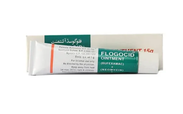 A tube of Flogocid cream next to a written description of its uses, side effects, precautions, and price.