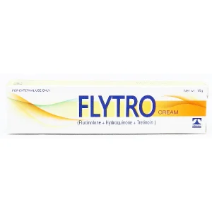 A tube of Flytro Tropical Cream, a prescription medication for treating melasma.
