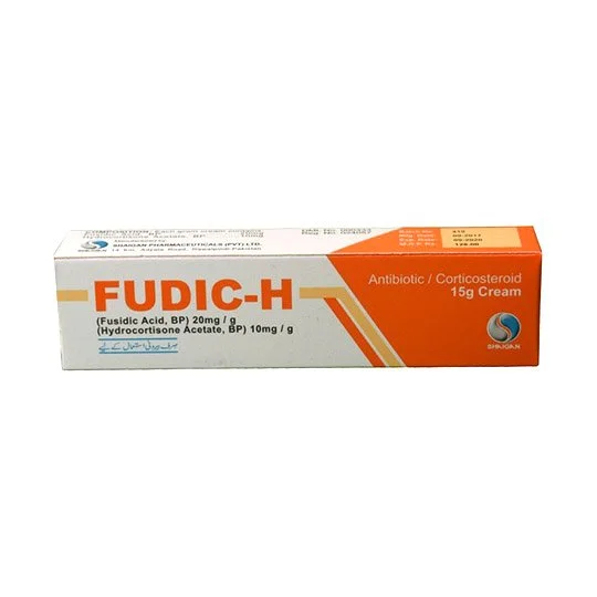 A tube of Fudic-H Cream with a label showing its uses, benefits, side effects, and price.