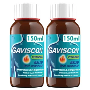 A bottle of Gaviscon Syrup, an over-the-counter medication used to treat heartburn and acid indigestion. The syrup is composed of an alginate compound and is manufactured by Reckitt. It comes in a 120 ml bottle and is commonly used to provide relief from symptoms such as heartburn, acid indigestion, and gastroesophageal reflux disease (GERD).