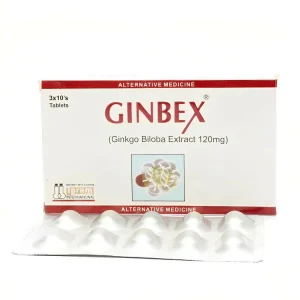 A bottle of Ginbex Capsules with text detailing its uses, side effects, dosage, precautions, and price.