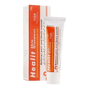 A tube of Healit Skin Ointment with text detailing its uses, side effects, dosage, and price.