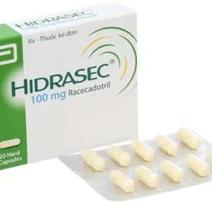 A blister pack of Hidrasec capsules with text indicating its uses, formula, side effects, dosage, and price.
