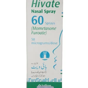 A bottle of Hivate Nasal Spray with text displaying its uses, side effects, dosage, and price.