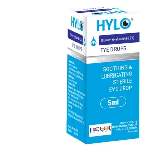 Hylo eye drops bottle with dropper against a backdrop of eye care accessories.