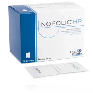 A box of Inofolic Sachets with individual sachets displayed, along with a price tag.