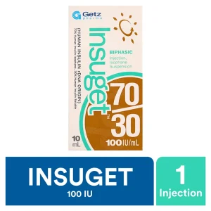 An image showing a vial of Insuget 70/30 Injection with surrounding text describing its uses, side effects, precautions, and price.