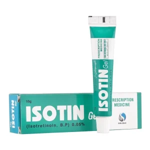 Isotin Gel tube with acne treatment symbol and skincare products in the background