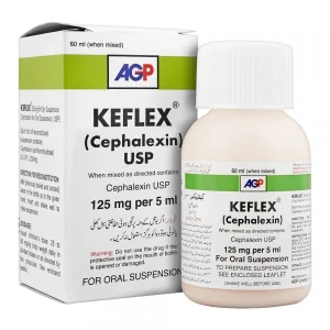 Bottle of Keflex Suspension with text overlay "Keflex Suspension: Comprehensive Guide - Explore the uses, side effects, dosage, and price of Keflex suspension.