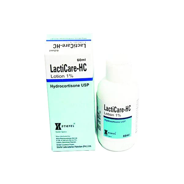 A bottle of Lacticare HC lotion with text displaying its uses, side effects, and price.