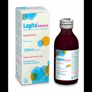 A bottle of Lagita Advance Syrup, a healthcare product.