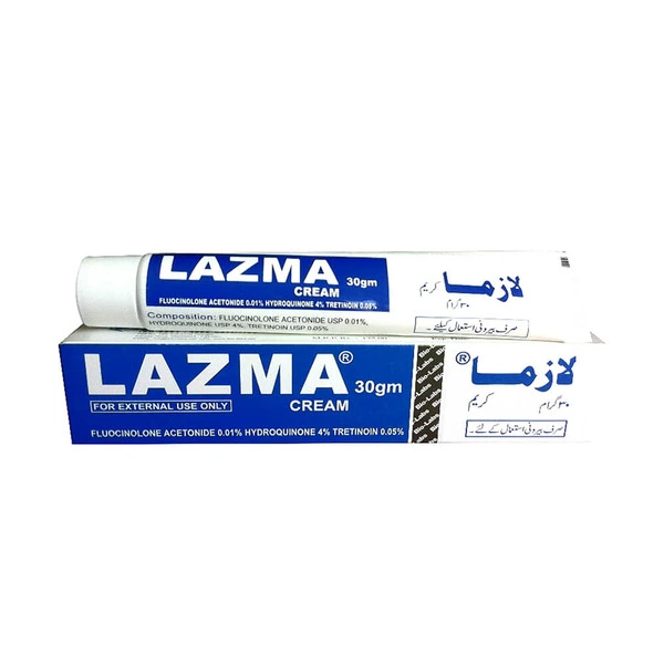 Lazma Cream tube with ingredients list and skin pigmentation icons on a white background.