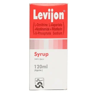 A bottle of Levijon Syrup, 120 ml, with the brand name "Levijon" clearly visible.
