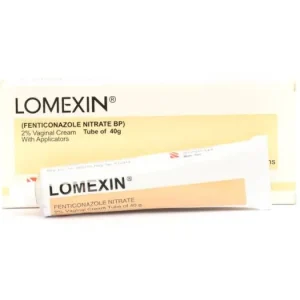 A tube of Lomexin Cream 2% with text indicating its uses, side effects, precautions, dosage, and price.