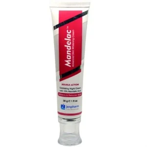 A tube of Mandelac Cream displayed against a clean white background, symbolizing its dermatological formulation for topical application