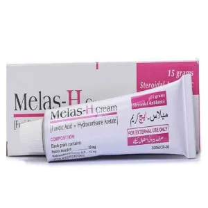 Illustration of a cream tube labeled "Melas-H Cream" against a backdrop of radiant skin.