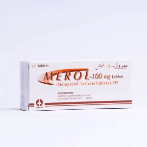 Blister pack of Merol 100mg tablets with accompanying information on uses, side effects, dosage, precautions, and price.