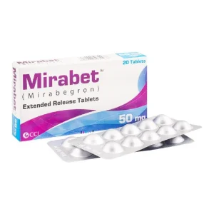 A pack of Mirabet Tablets 50mg with pills displayed, along with a price tag.